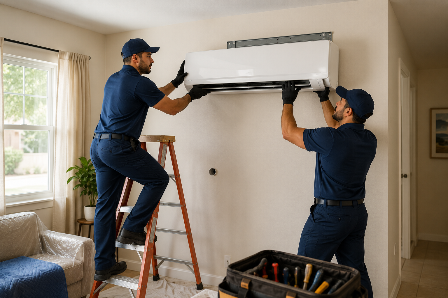 MercedAir technicians professionally installing a new AC unit in a Merced home