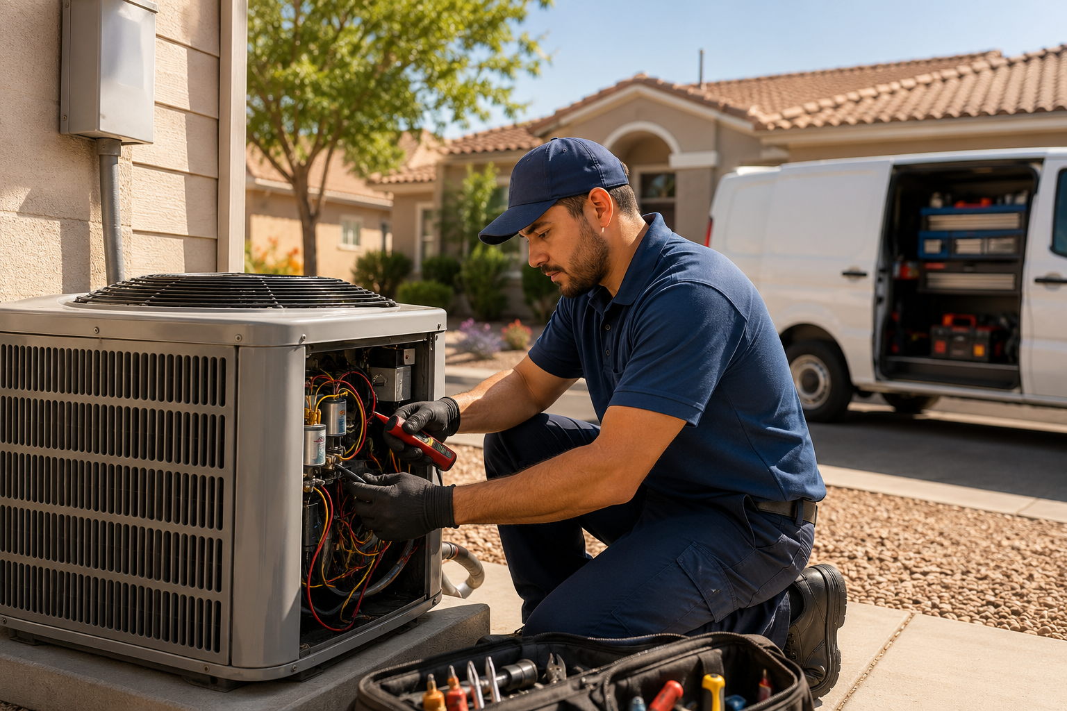 MercedAir certified technician repairing an AC unit with professional tools