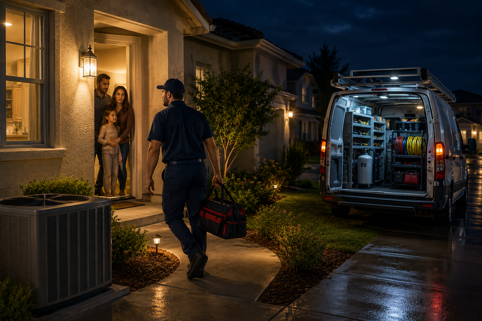 MercedAir emergency technician arriving at night with a fully stocked service van