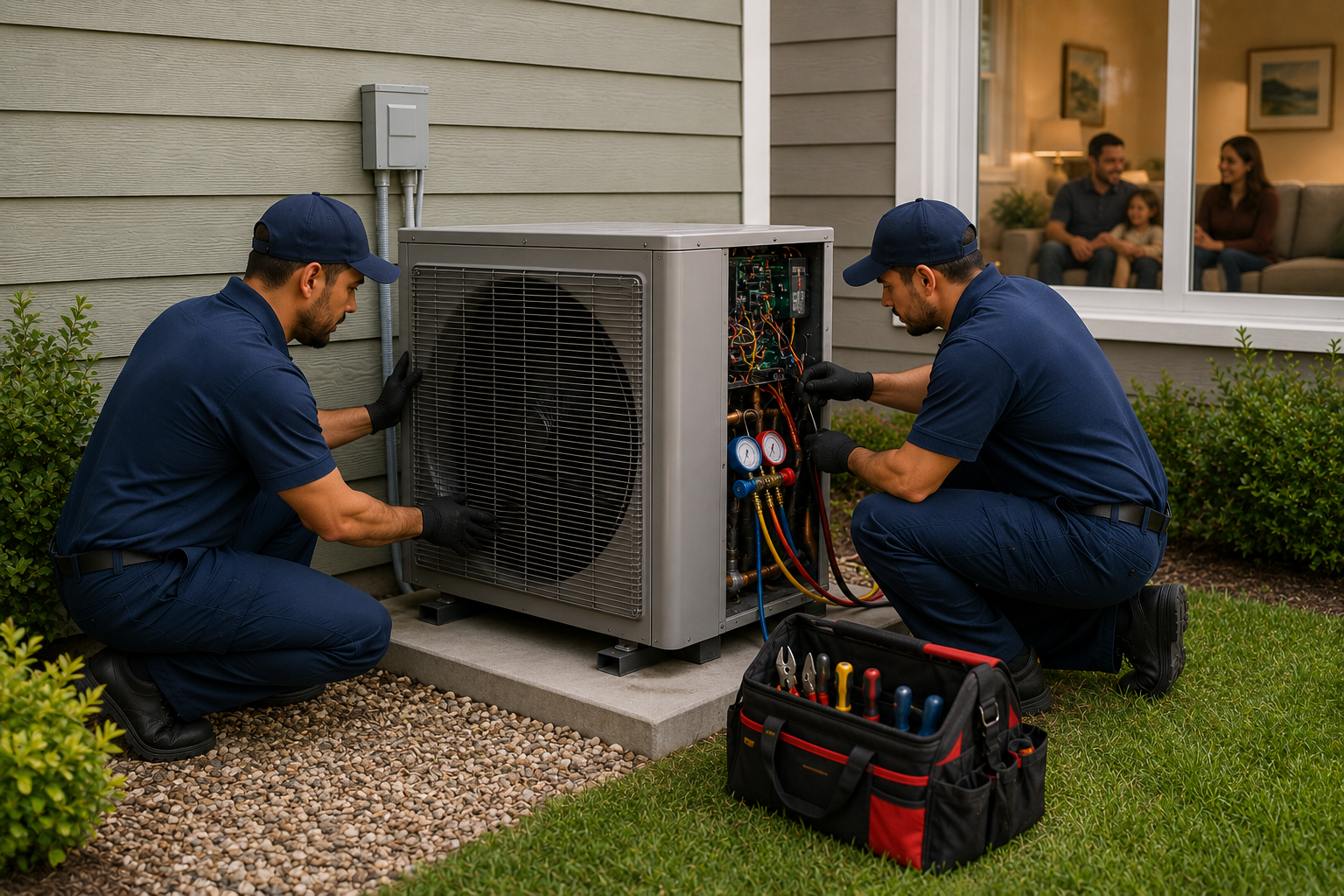 MercedAir technicians servicing a heat pump unit for reliable heating
