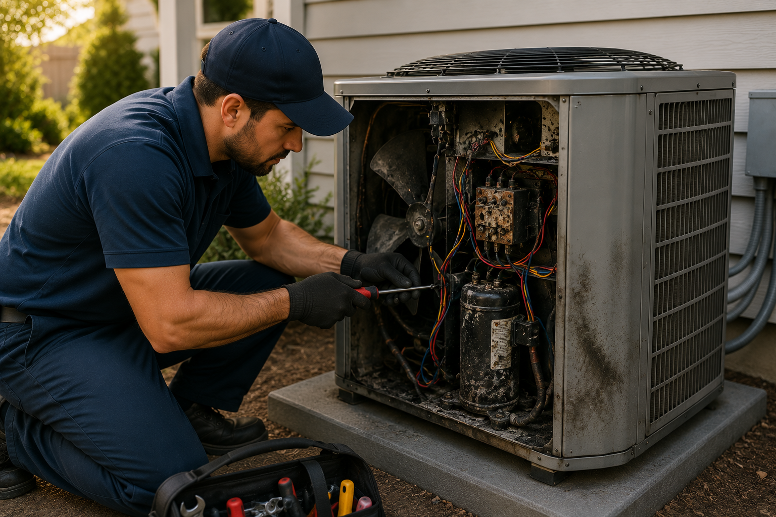 MercedAir technician repairing a heating system unit