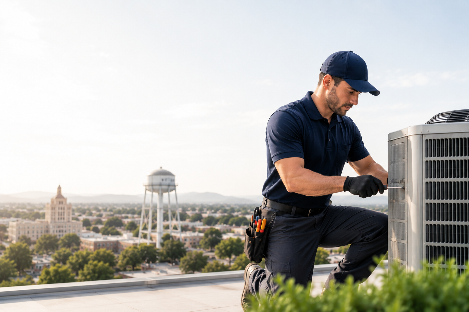 Professional HVAC technician servicing an air conditioning unit in Merced CA