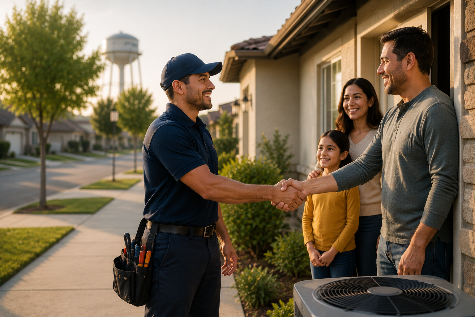 MercedAir technician greeting a happy Merced family at their home