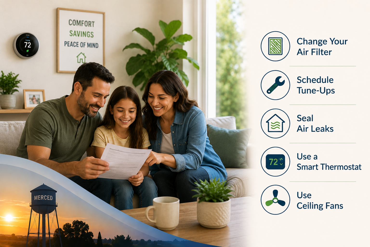 Family saving money on energy bills with efficient HVAC maintenance in Merced