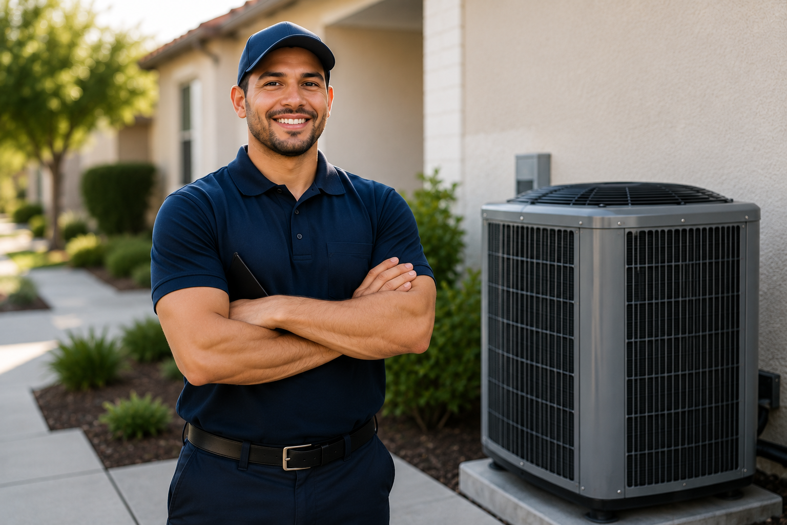 Professional HVAC technician standing by an AC unit in Merced CA